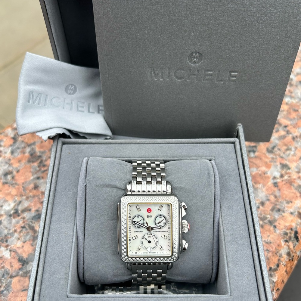 MICHELE DECO MOP DIAMOND DIAL AND BEZEL CHRONOGRAPH LADIES WATCH - Picture 4 of 15
